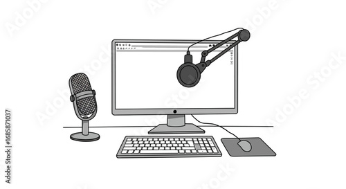 Modern podcasting setup with microphone, desktop, and boom arm in minimalist design
