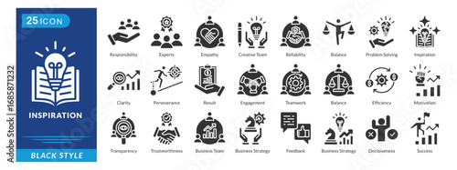 Inspiration icon set in black style, featuring Responsibility, Empathy, Reliability, Balance, Motivation, Clarity, and Perseverance.