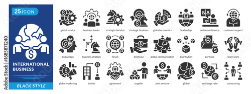 International Business icon set in black style, featuring Global Service, Brokers, Agreements, Suppliers, Briefcase, and Leadership.
