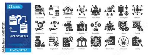 Hypothesis icon set in black style, featuring Control, Efficacy, Safety, Testing, Medicine, Mediation, Personality, and Research.