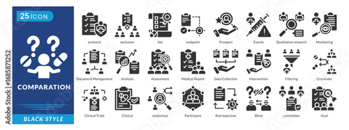 Comparation icon set in black style, featuring Inclusion, Exclusion, FDA Protocols, Endpoints, Monitoring, Events, and Prospects.