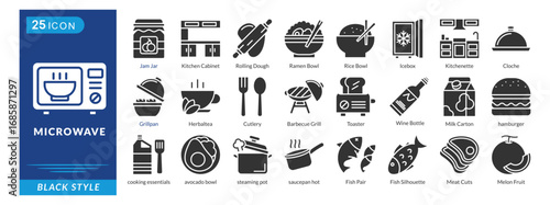 Microwave icon set in black style, featuring Rice Bowl, Icebox, Grillpan, Herbal Tea, Cutlery, Toaster, Cloche, and Barbecue Grill.