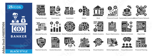 Banker icon set in black style, featuring Ecommerce, Investment, Financial Growth, Payment Security, Digital Safe, and Market Analysis.