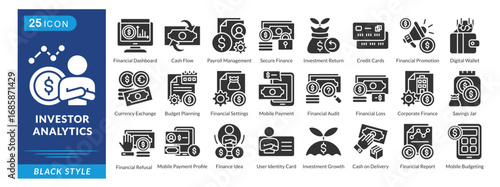Investor Analysis icon set in black style, featuring Budget Planning, Cash Flow, Credit Cards, Secure Finance, Savings Jar, and Audits.