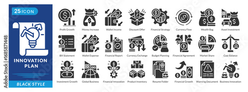 Innovation Plan icon set in black style, featuring Profit Growth, Wallet Income, Discount Offers, Strategy, Currency Flow, and Wealth Bag.