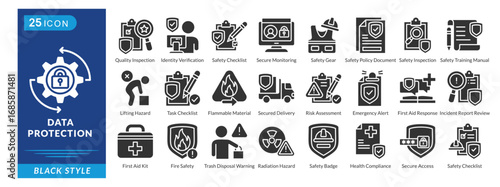 Data Protection icon set in black style, featuring Lifting Hazard, Task Checklist, Secured Delivery, Risk Assessment, and Emergency Alerts.