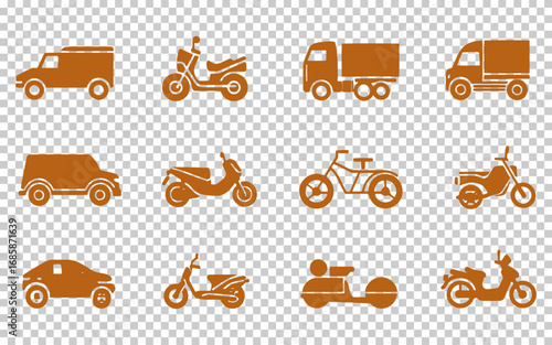 A collection of vehicle silhouettes featuring trucks, motorcycles, bicycles, and scooters arranged in a grid. The designs showcase different modes of transportation, ideal for various projects.