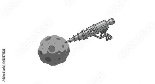 Futuristic space drill mining asteroid in artistic monochrome style