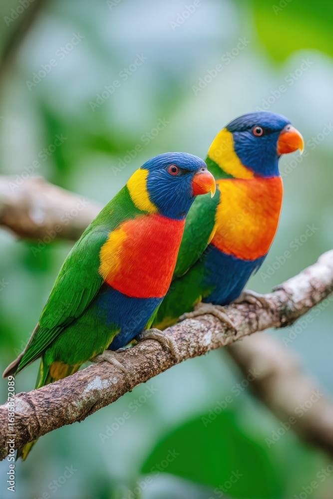 Fototapeta premium Two colorful rainbow lorikeets perching on a branch