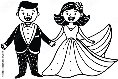Cute Cartoon Bride and Groom Holding Hands Vector Art