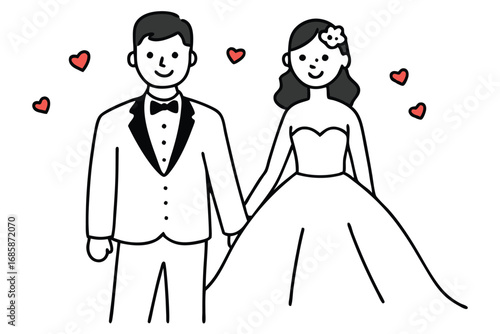 Cute Cartoon Bride and Groom Holding Hands Vector Art