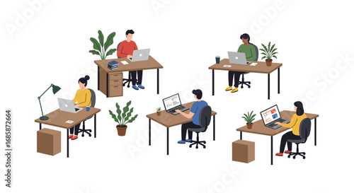 Modern office workers in isometric style with laptops and plants
