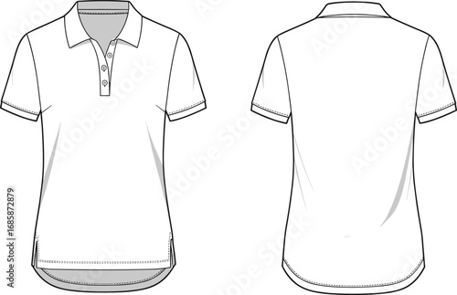 Women’s polo shirt design, front and back views, short sleeves, button placket, collar detail, casual wear, vector illustration