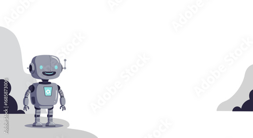 Friendly robot character on minimalist futuristic landscape with copy space