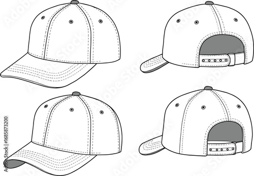 Baseball cap design template, four different views, front view, back view, adjustable strap, detailed stitching, vector illustration, fashion accessory
