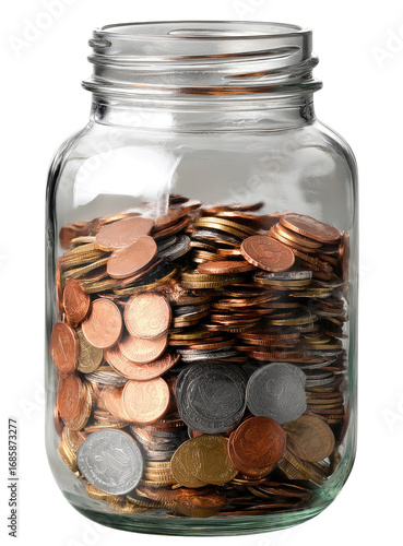 Clear glass jar filled with various coins (4)