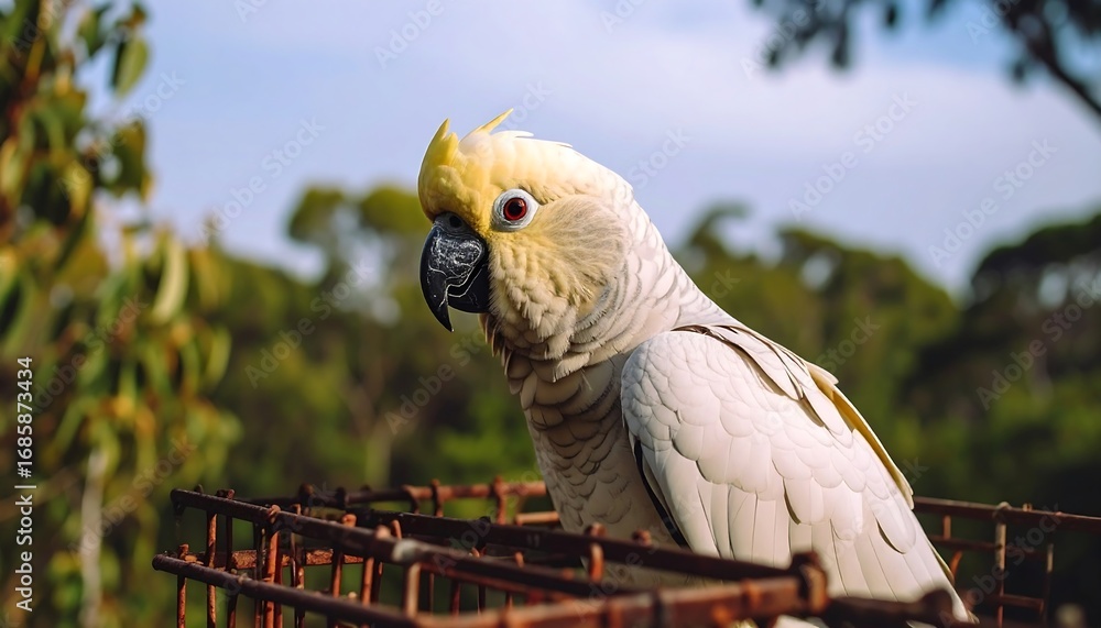 Obraz premium A captivating cockatoo, showcasing its elegant plumage and inquisitive gaze, perched within an aged metal enclosure against a backdrop of lush greenery.