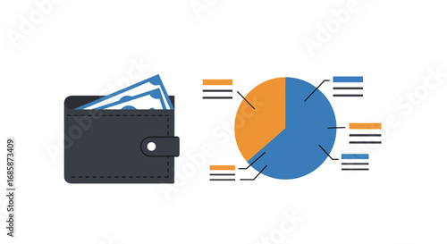 Flat style wallet and pie chart with data points