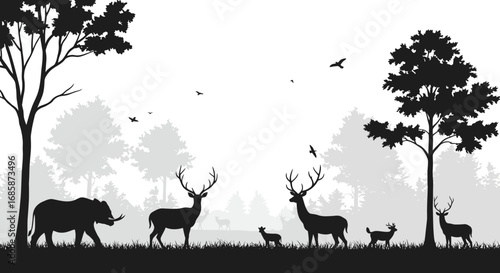 Silhouette wildlife scene with deer and trees in a forest landscape