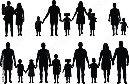 Family silhouettes vector, diverse family members holding hands, parents and children together, black silhouette family group, unity and love