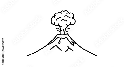Simple linear drawing of an erupting volcano with smoke clouds