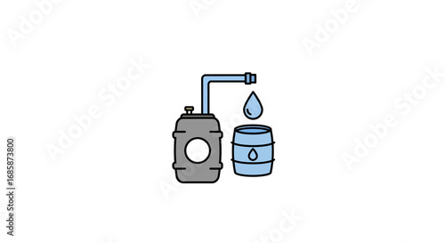 Simple flat design of distillation equipment with barrel and pipe on white background