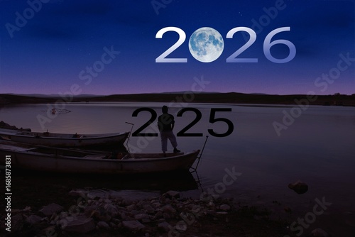 Man watching the bear from the boat by the lake. full moon at top of sky and number 2026 abstract background.