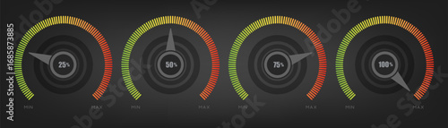 Arrow with level meter scale. Volume knob. Dashboard tumbler with colored scale. Realistic tuner or speedometer with indicator. Vector illustration