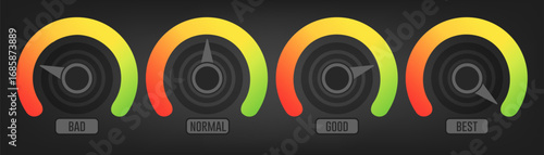 Arrow with level meter scale. Volume knob. Dashboard tumbler with colored scale. Realistic tuner or speedometer with indicator. Vector illustration