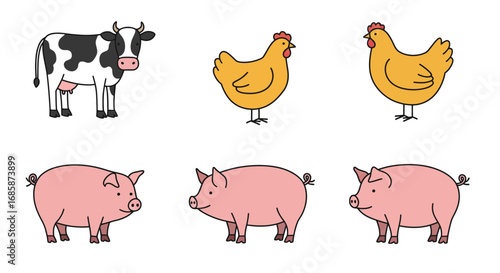Colorful farm animal collection with cow, chickens, and pigs