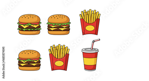 Colorful fast food combo with burgers, fries, and drink