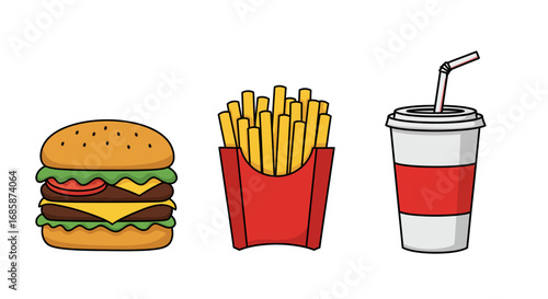 Fast food icons: burger, fries, and soda in flat cartoon style