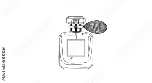 Elegant linear perfume bottle design with vintage atomizer on white background