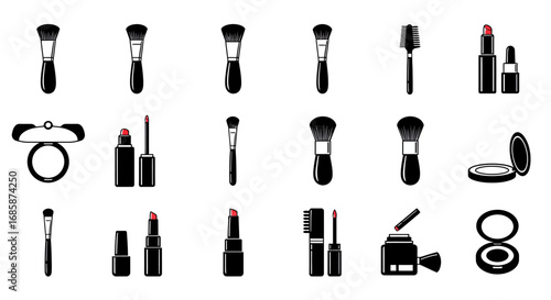 Minimalistic makeup tools: brushes, lipsticks, and beauty essentials in black and red