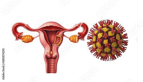 Uterus and ovaries with magnified view of virus particles and cervical tumor cervix cancer isolated on a transparent background