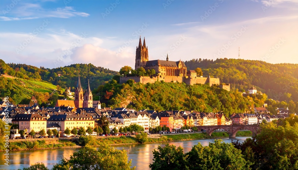 Fototapeta premium Panoramic view of a European city nestled in a valley at sunset