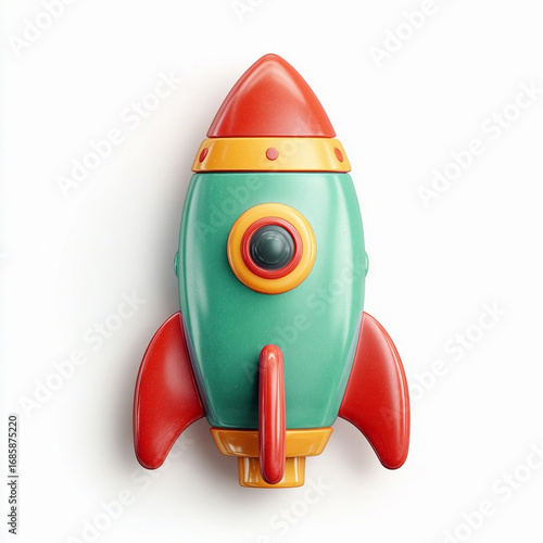 3d plastic rocket in a minimalistic cartoon style isolated on a white background