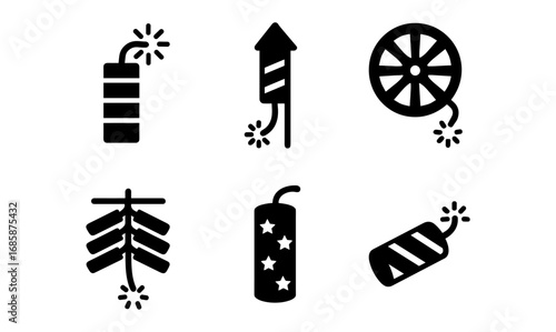 Set of six silhouette fireworks icons featuring classic symbols with explosive themes