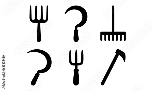 Silhouette icons of farming tools sickle, rake, pitchfork collection