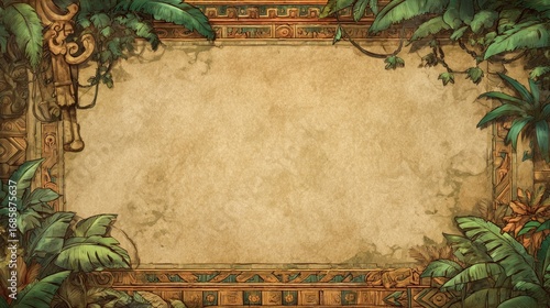 Jungle-themed ancient frame with tropical foliage and tribal stone carvings..