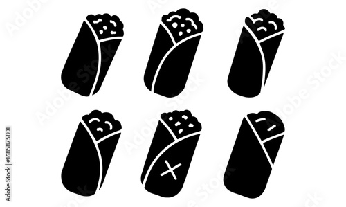 Silhouette burrito icons set: minimalist black and white design for food themes