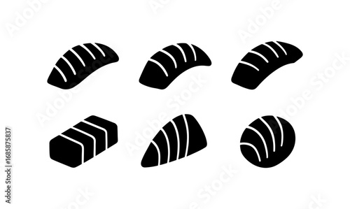 Minimalist sushi icons set featuring popular sushi shapes in black silhouette