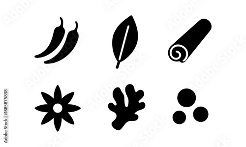 Bold black spice icons featuring chili, leaf, cinnamon, flower, ginger, and peppercorn