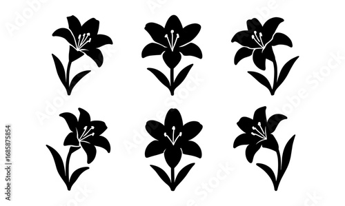 Black silhouette set of six stylized lily flowers on white background
