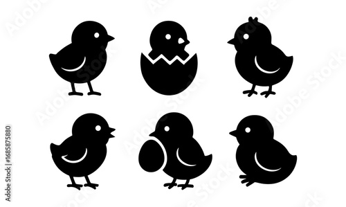 Silhouette of baby chicks and eggs in various cute poses