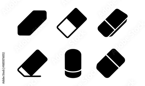 Collection of eraser icons in minimalist silhouette style for creative projects