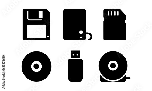 Silhouette icons of retro and modern storage devices for digital data management