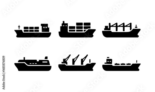 Set of black silhouette cargo ships collection on white background
