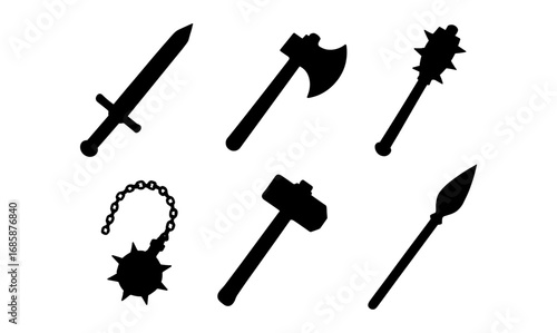 Silhouette collection of medieval weapons: sword, axe, mace, flail, hammer, spear