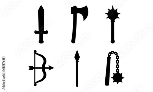 Silhouette medieval weapons collection: sword, axe, mace, bow, spear